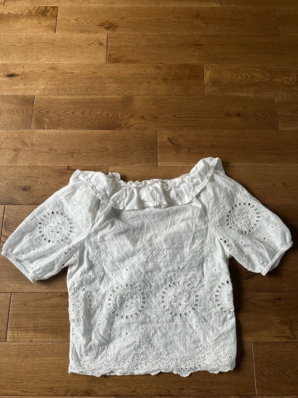 Anthropologie White Eyelet Ruffle V-Neck Top - Picture 9 of 10